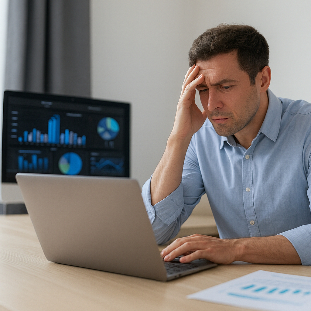 Small business owner looking frustrated while working on a laptop, with financial data charts on a computer screen in the background.